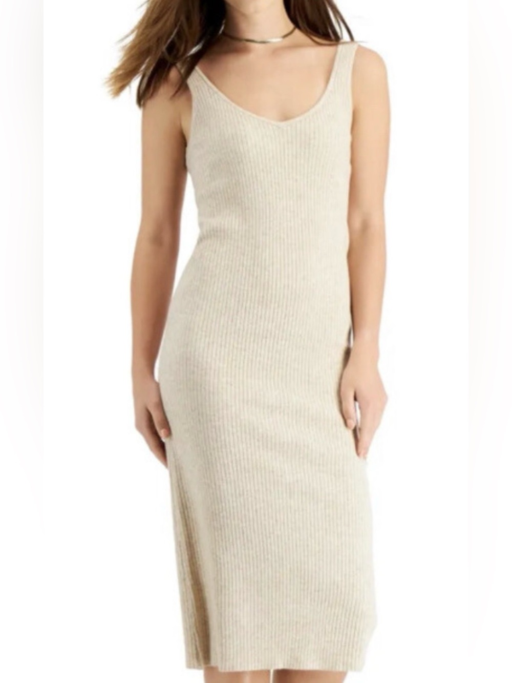Lucy Paris Ribbed Midi Tank Dress in Beige